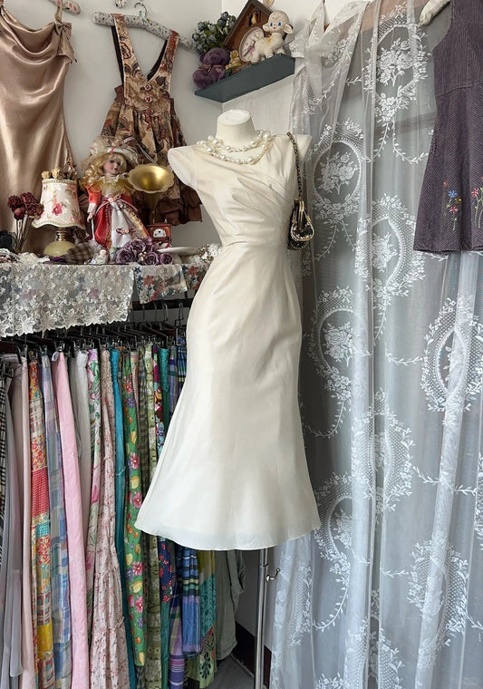 Homecoming dress white retro simple fashion mid-length satin prom dress nv5424