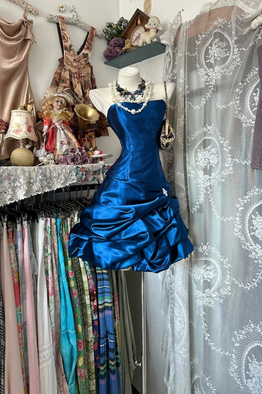 Glam Royal Blue Strapless Mini Dress | Satin Ruched Puff Skirt, Gala Party Gift Outfit for Girls NV6295