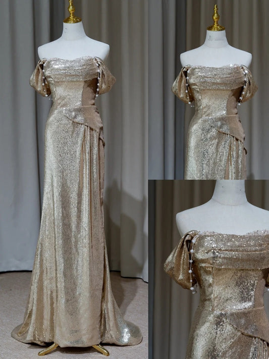 NiceVestidos – Goldfarbenes, paillettenbesetztes, langes, schimmerndes Abendkleid NV5994