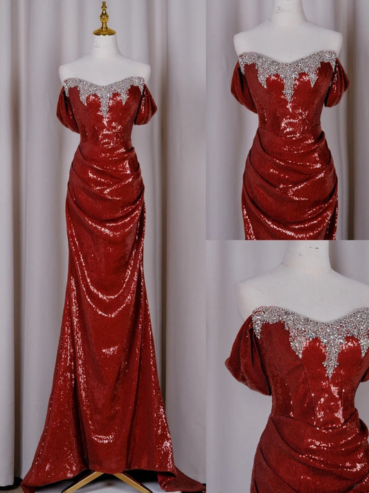 NiceVestidos – Burgunderrotes, paillettenbesetztes, langes formelles Ballkleid NV5993