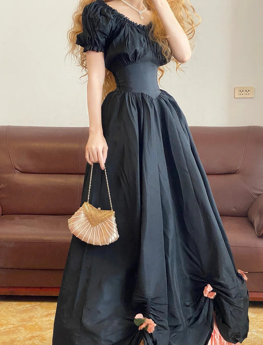 Black Floral Long Satin Princess Vintage Ball Gown nv5043