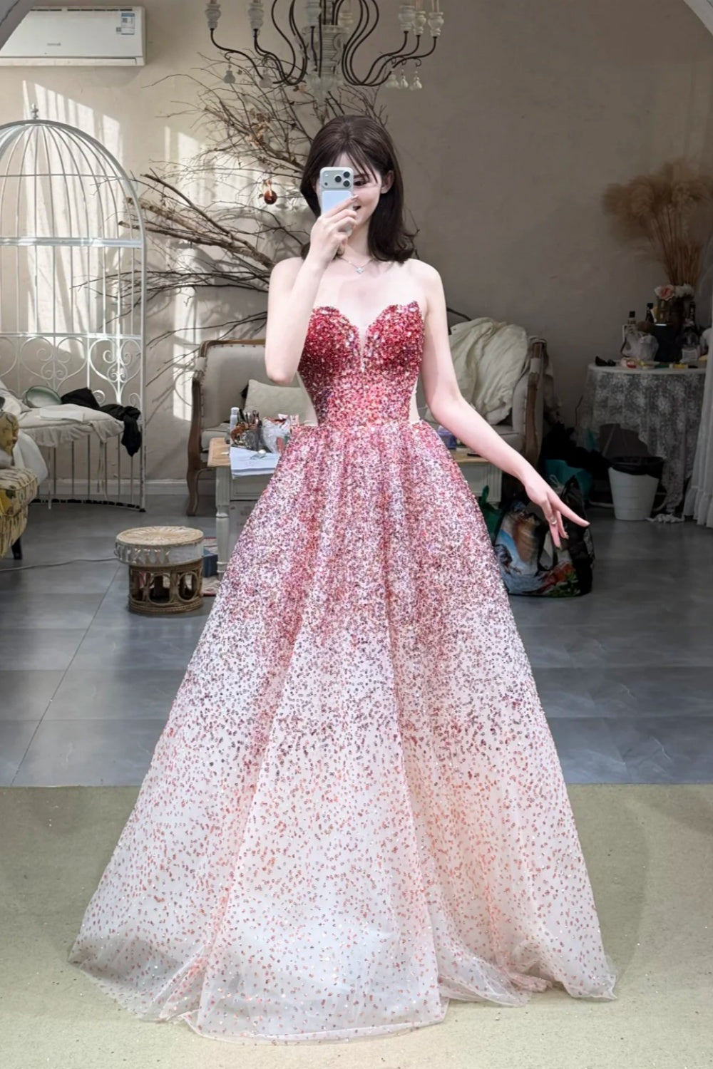 Dreamy Gradient Style Strapless Sleeveless Gown | Pink-Rose Sequin Tulle Ballgown Maxi Dress for Gala Ball Engagement Luxury Party NV6272