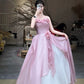 Sweet Element Style Strapless Sleeveless Gown | Pink-White Paneled Tulle 3D Flower Ballgown Maxi Dress for Engagement Luxury Dinner Garden Party NV6273
