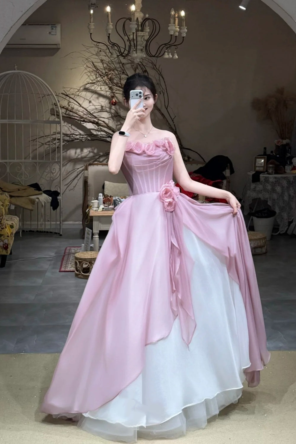 Sweet Element Style Strapless Sleeveless Gown | Pink-White Paneled Tulle 3D Flower Ballgown Maxi Dress for Engagement Luxury Dinner Garden Party NV6273
