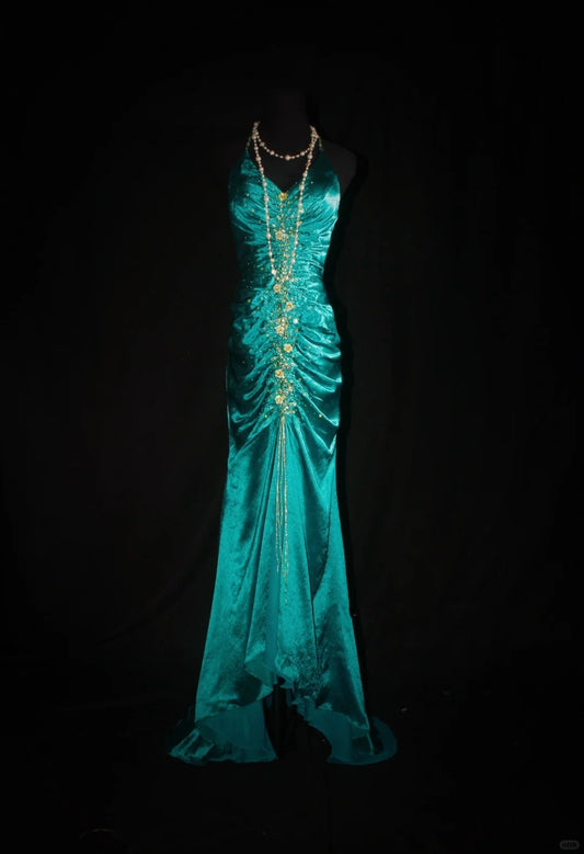 Green Gold Floral Delicate Beads Long Satin Ball Gown Evening Gown Party Dress nv4196