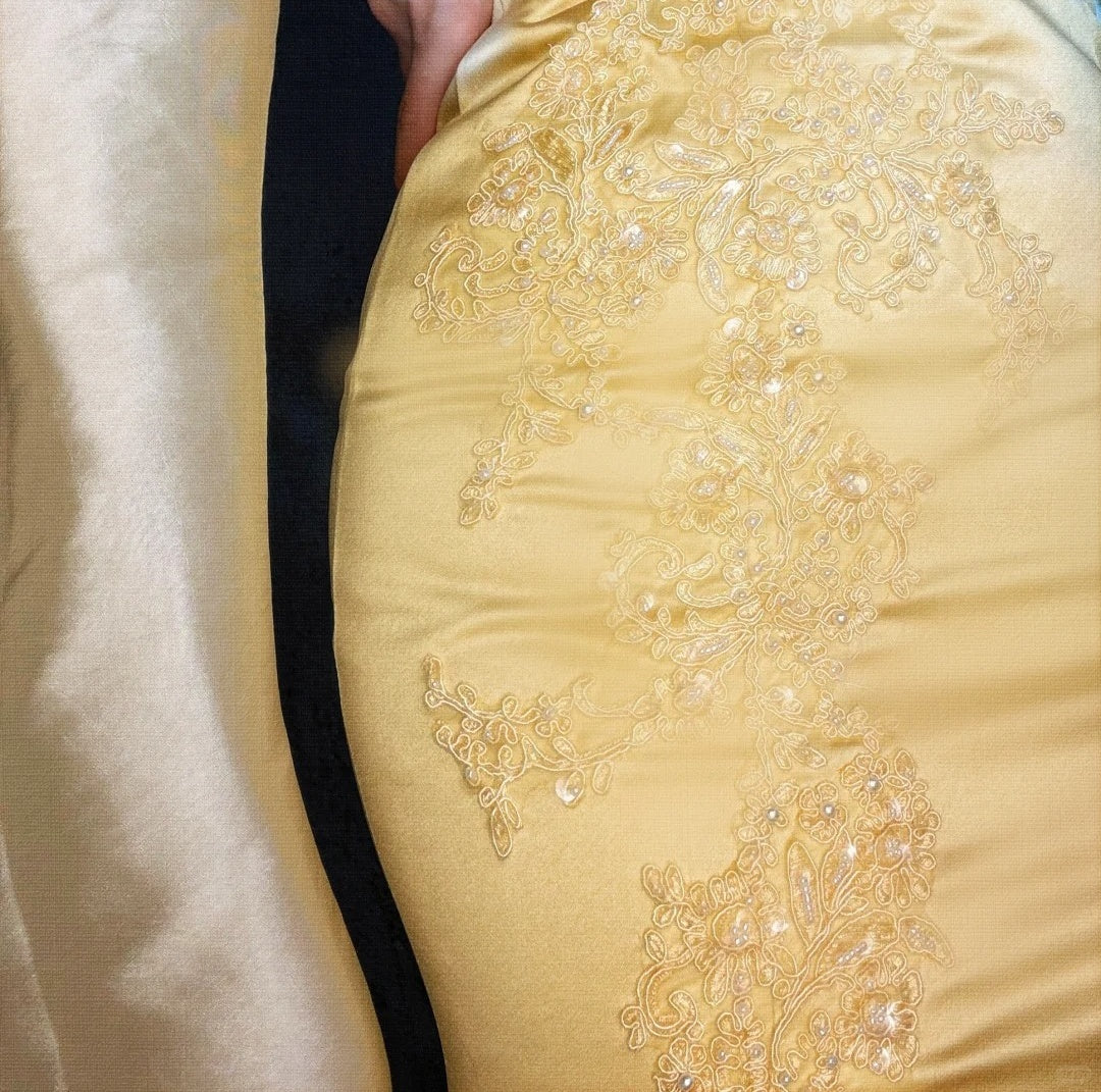 Yellow gorgeous exquisite beaded long satin ball gown evening dress party dress nv4374