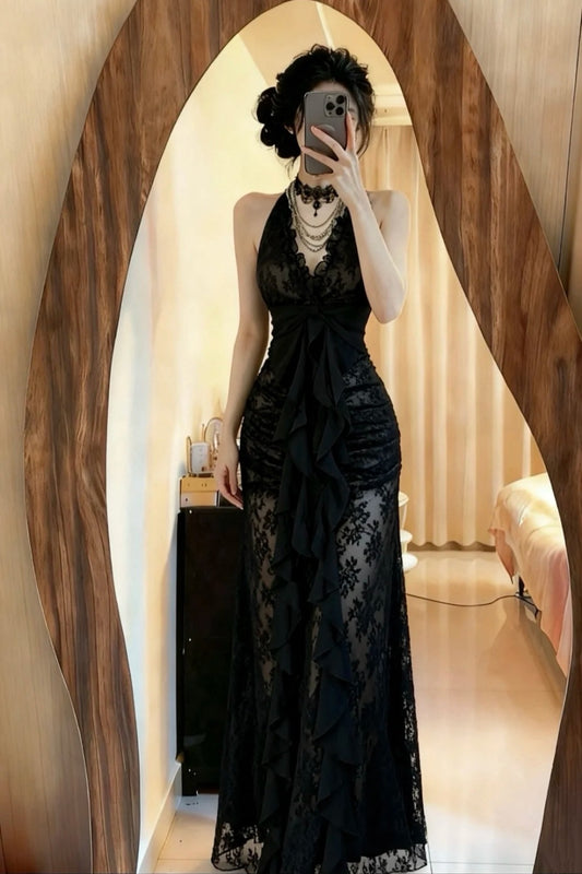 NiceVestidos - Schwarzes langes Partykleid aus Spitze NV5972