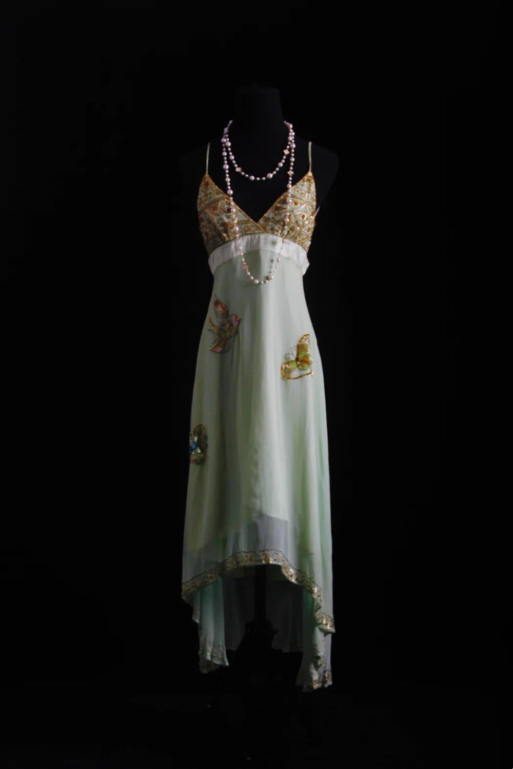 NiceVestidos--Dreamy Handmade Beaded Now trending Niche Luxury Fairy Tale Mint Green Chiffon Beaded Bird Appliqué Spaghetti Strap Slim Long Prom DressNV5792