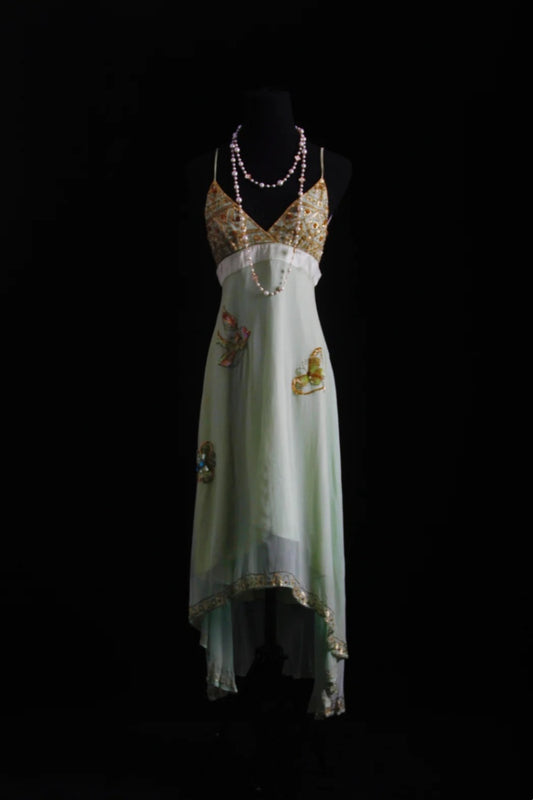 NiceVestidos--Dreamy Handmade Beaded Now trending Niche Luxury Fairy Tale Mint Green Chiffon Beaded Bird Appliqué Spaghetti Strap Slim Long Prom DressNV5792