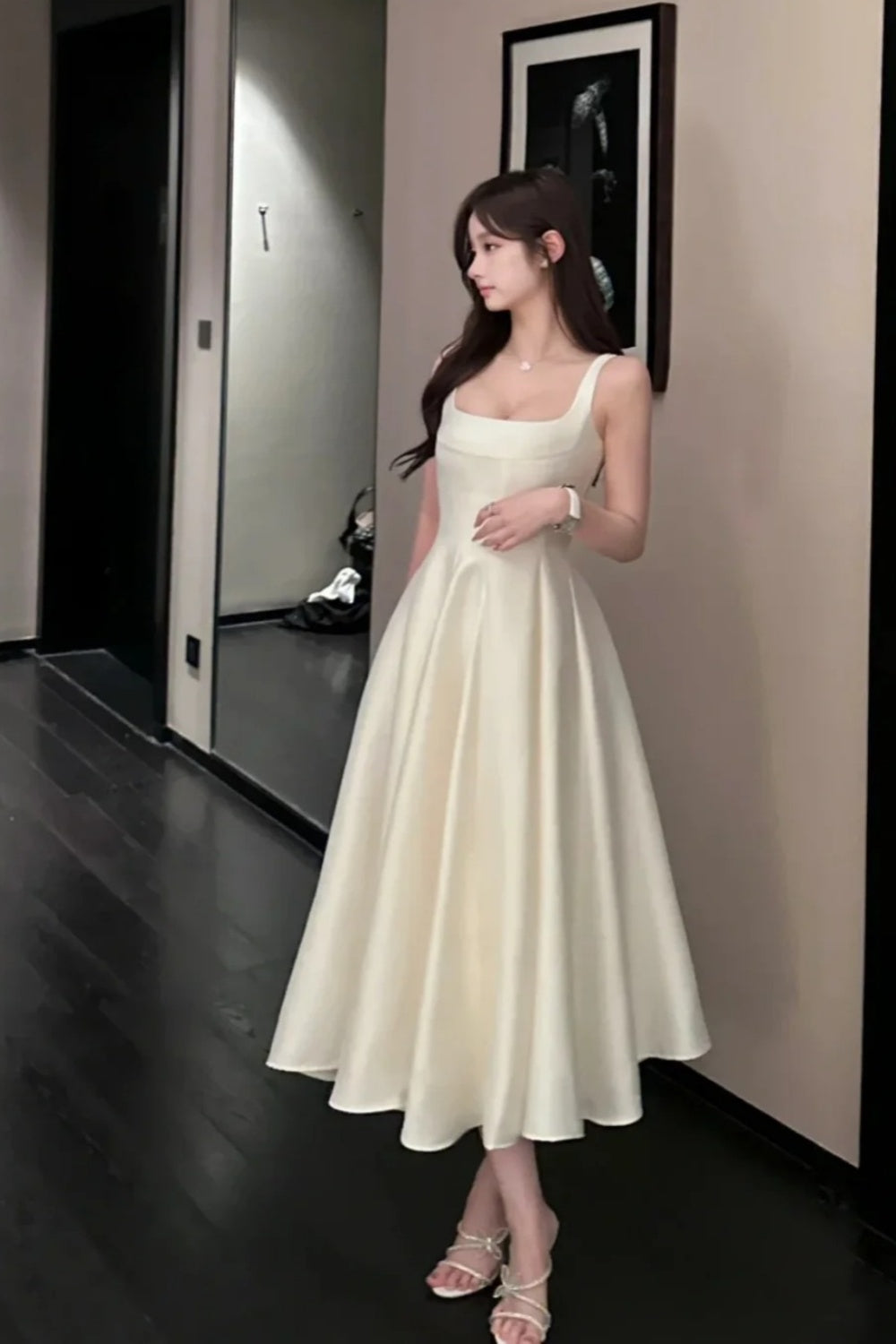 NiceVestidos--Mid-length homecoming dress birthday dress gentle white dress satin NV5670