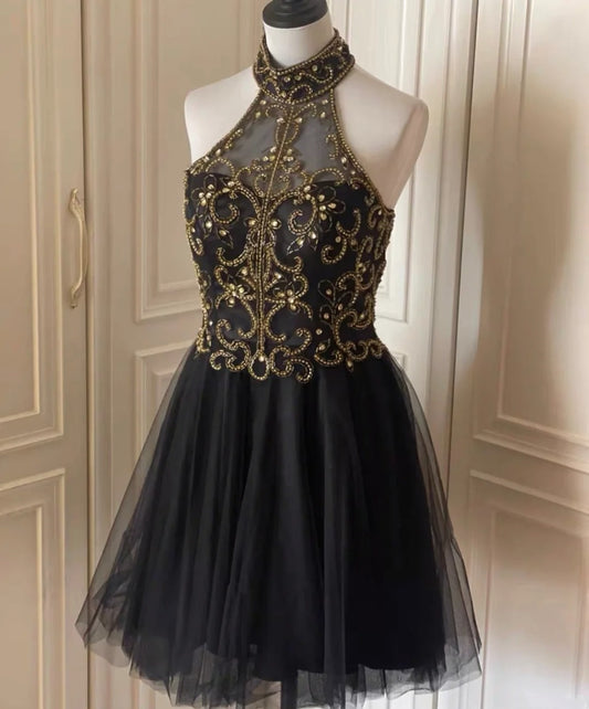 Black gold beaded short vintage homecoming dress birthday party dress nv4711