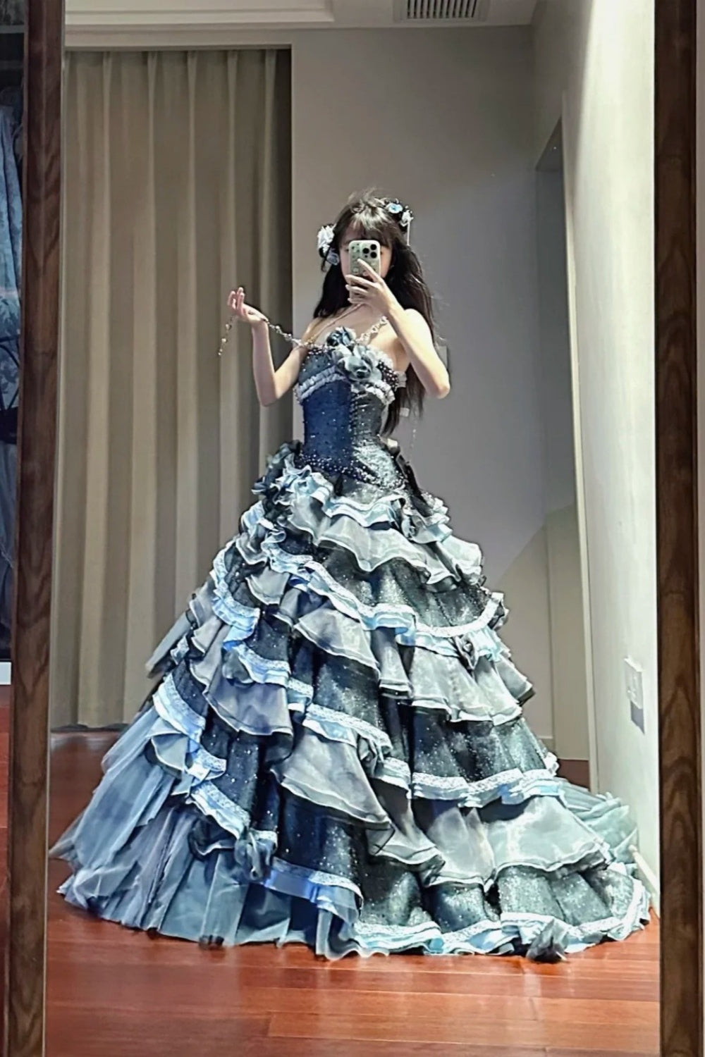 NiceVestidos--Blue vintage exquisite beaded long multi-layer tulle ball gown princess 16th birthday dress fairy tale sea daughter NV5666