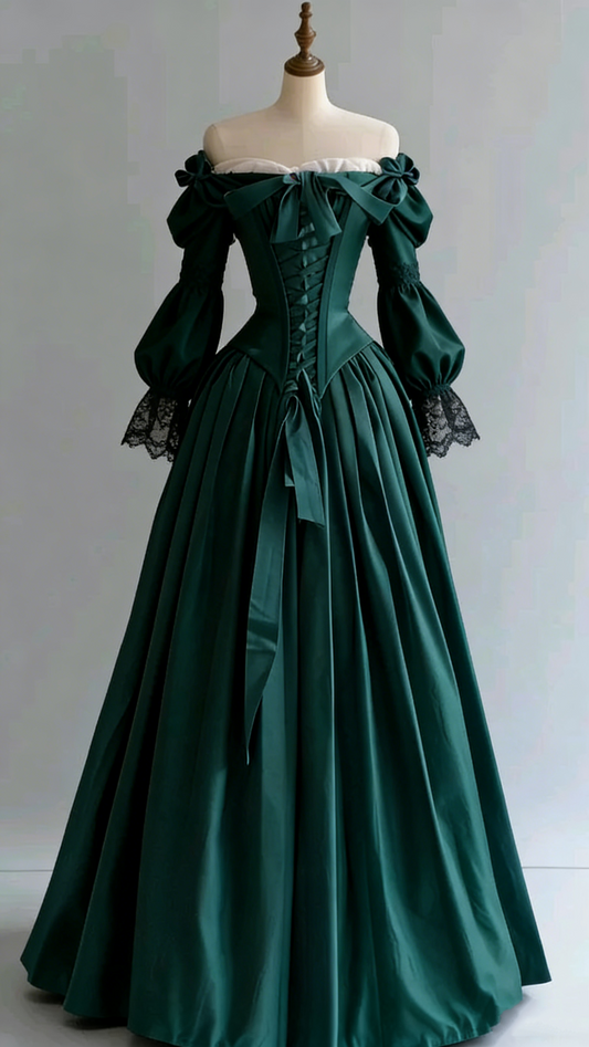 (Exclusive Original Design Dress)Emerald Green Palace-style Lace-up Ball Gown: Off-the-shoulder Lace Sleeve, Boned Waist, Evening Retro Maxi Dress NV6429