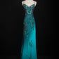 NiceVestidos--Vintage Beaded Glamorous Flowy Teal Gradient Elegant Artistic Floral Beaded Prom Dress NV5790