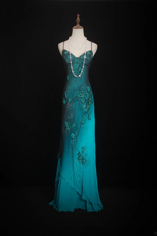 NiceVestidos--Vintage Beaded Glamorous Flowy Teal Gradient Elegant Artistic Floral Beaded Prom Dress NV5790