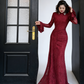 Burgunderfarbenes, schmal geschnittenes Spitzenkleid mit Schleppe – Vintage-Abendkleid mit hohem Kragen und ausgestellten Ärmeln NV6794