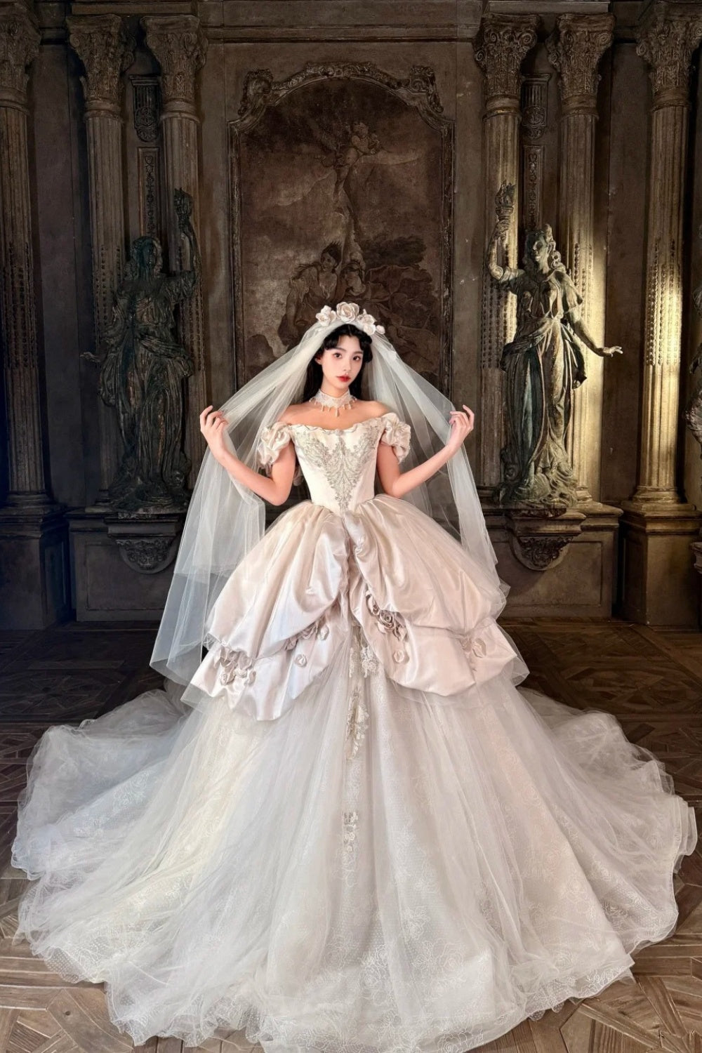 Sleeping Rose in a European Castle 🐚🤍🦢 Long Vintage Wedding Dress NV6653