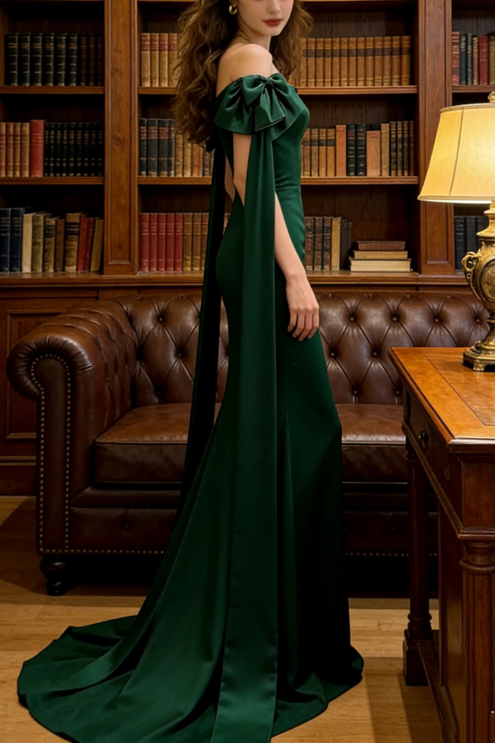 Emerald Green Off-Shoulder Bow Gown - Sash Corset Mermaid Train Evening/Red Carpet/Theme Ball Maxi Dress NV6823