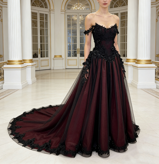 Black Lace Burgundy Strapless Gown - Off-Shoulder Ballgown Evening/Ball/Red Carpet Maxi Dress NV6803