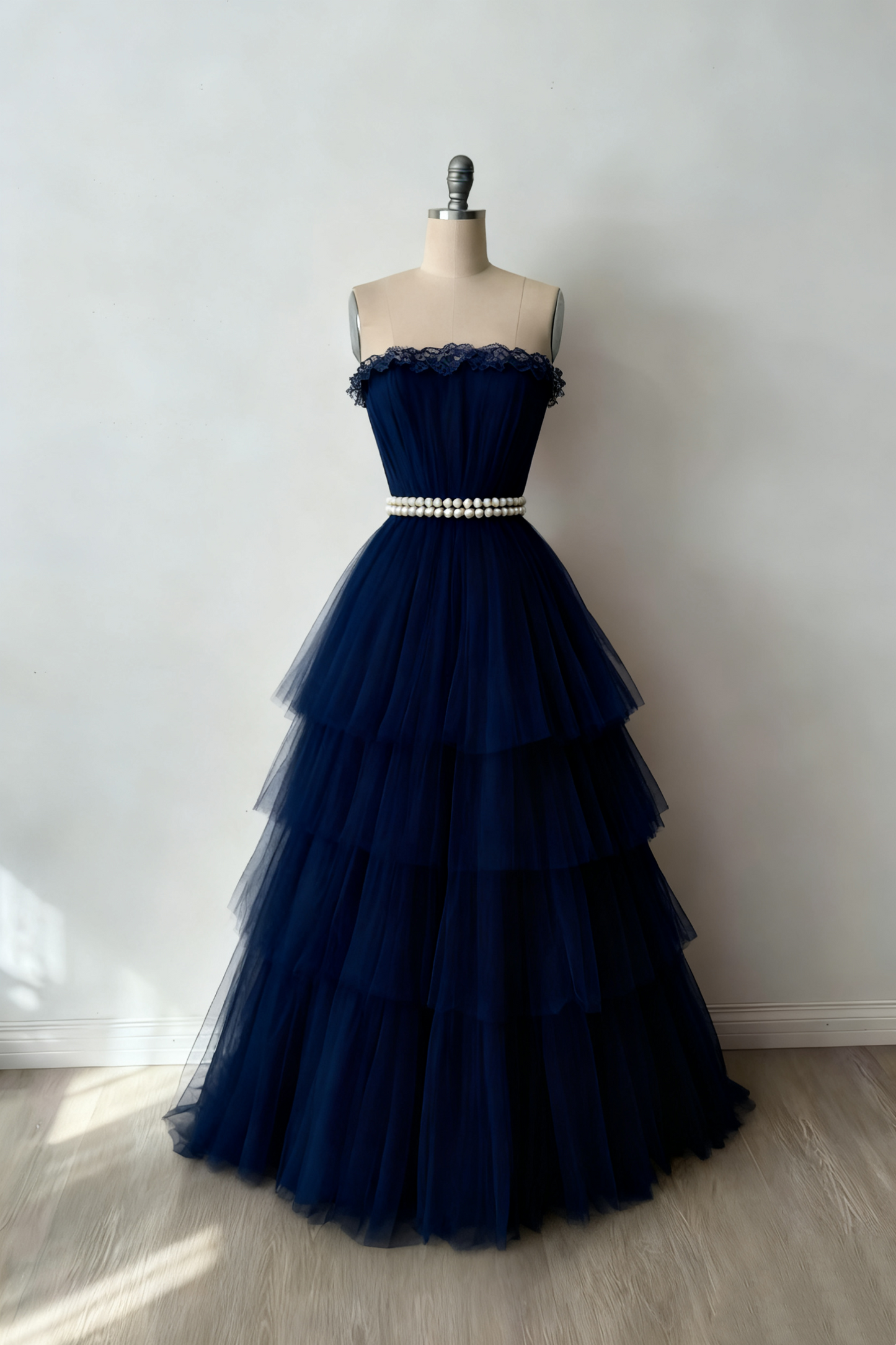 (Exclusive Original Design Dress)Sleeveless Ivory Tulle Gown | Fairy Luxury Lace Pearl Belt Tiered Ball Dress for Gala Gathering NV6305