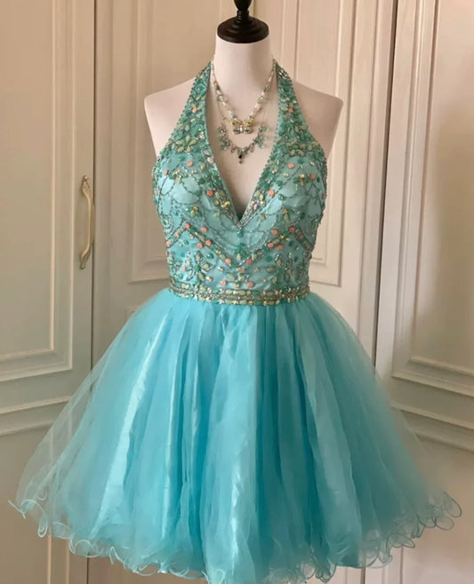 Blue Beaded Short Tulle Princess Homecoming Dress Birthday Party Dress nv4710