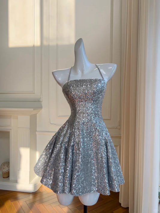 Silver Sequin Short Spaghetti Strap Homecoming Dress Party Dress nv4218