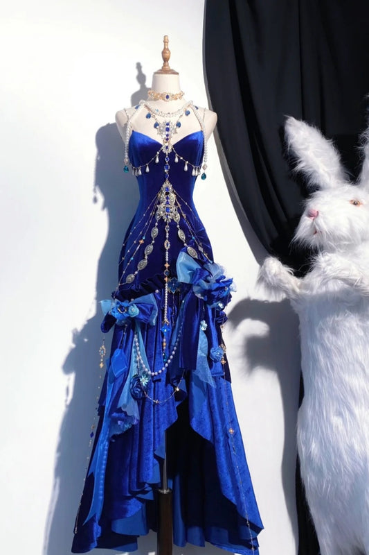 Retro-blaues langes Göttinnenkleid, Ballkleid NV6473