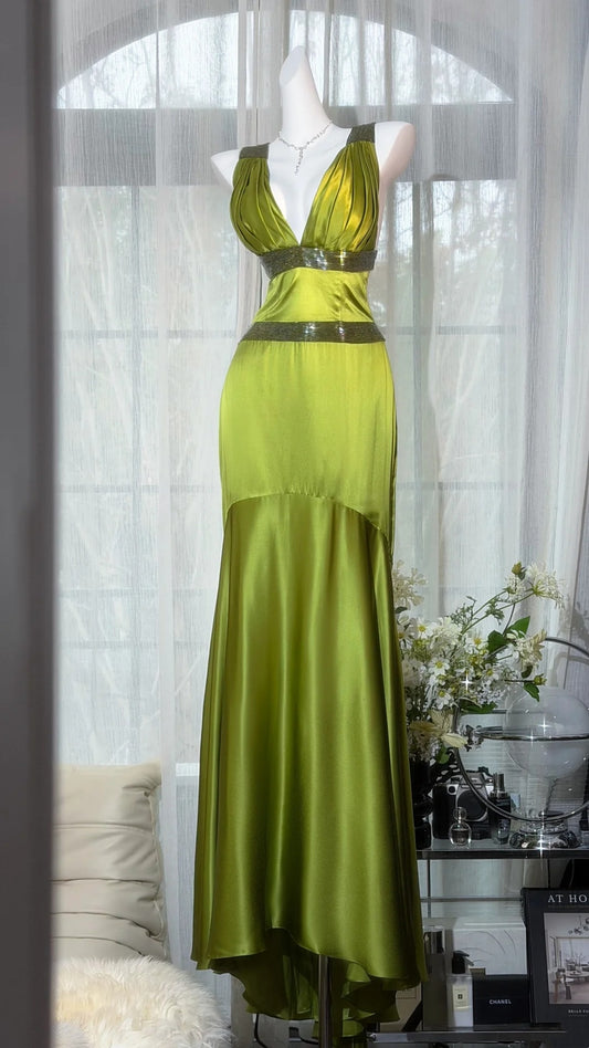 Vintage Olive Green - Deep V Sequin Waistband Crisscross Backless Satin Mermaid Dress, Socialite Evening Gown NV6865