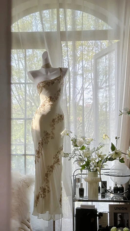 Ivory White Vintage Fashion One Shoulder Exquisite Beaded Long Chiffon Ball Gown Birthday Party Dress Cocktail Party Dress Evening Dress Prom Dress nv4904