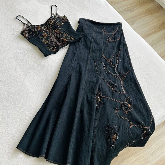 NiceVestidos-_Black exquisite beaded two-piece dress NV5966