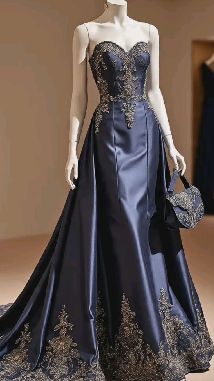 Blaues Retro-Diva-Kleid: Satin, aufwendig verziert, Party-Mittelstück NV6424