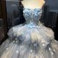 Dusty Blue Strapless Princess Evening Gown 3D Flowers Cloud Ruffled Tulle Voluminous Ball Skirt Long Prom Dress  NV7020