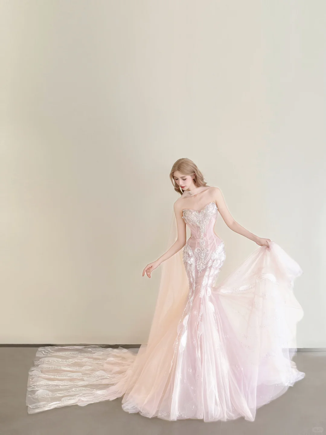 Light Pink Strapless Mermaid Prom Gown Beaded Sequin 3D Petal Tulle Cape  NV7179