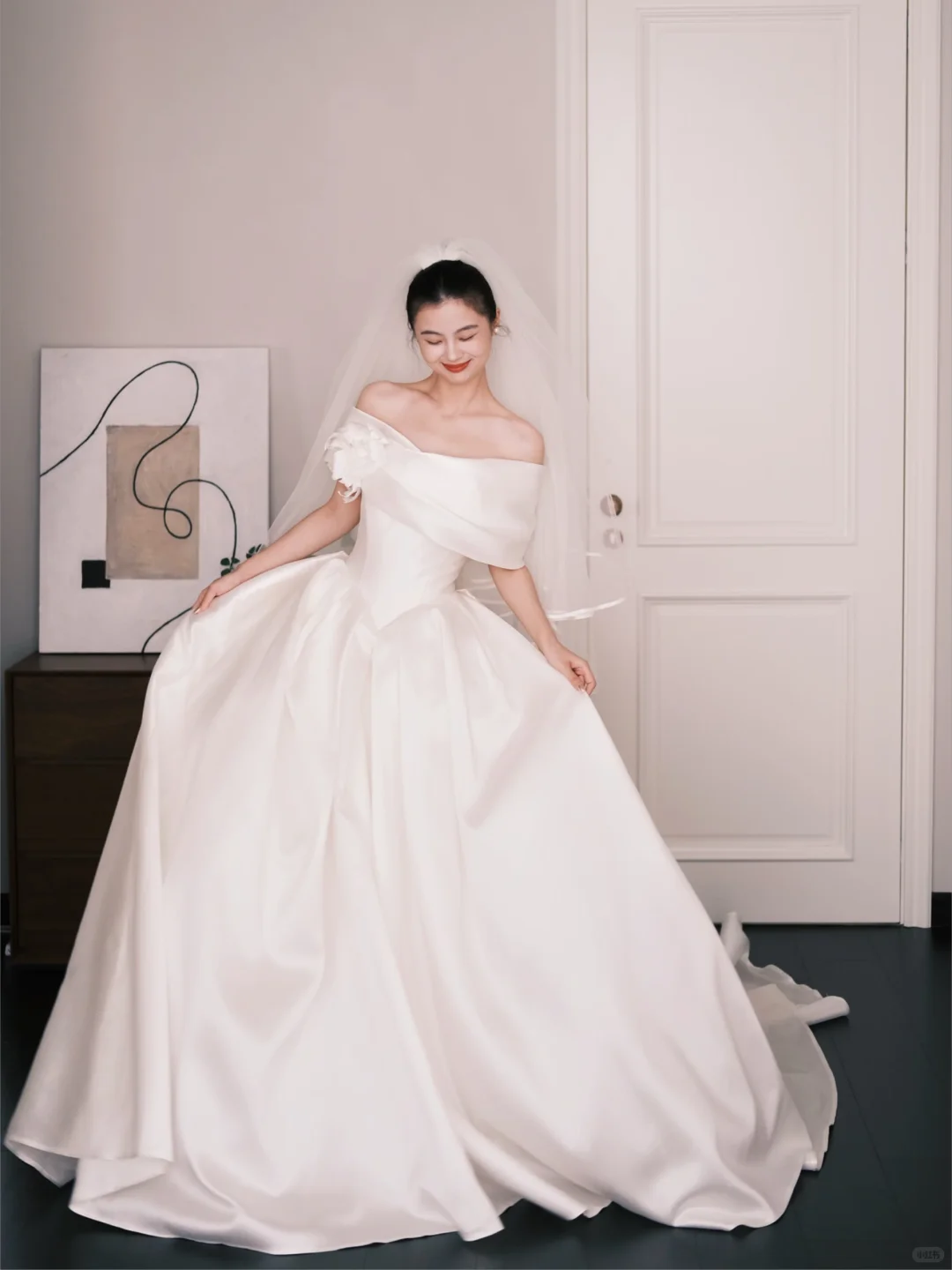 Satin Ball Gown Wedding Dress Off The Shoulder 3D Floral Bridal Gown with Train  NV7240
