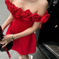 Red Off Shoulder Rose Lace Neckline A-Line Short Mini Homecoming Dress Birthday Christmas Party Dress Princess nv2741