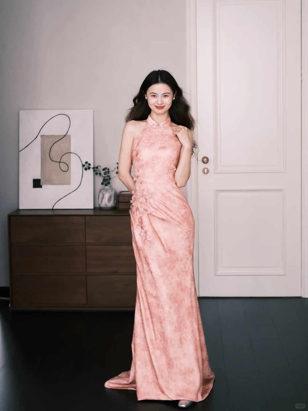 New Chinese Cheongsam Evening Dress Halter Pink 3D Floral Mermaid Gown  NV7250