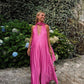 Pink V-neck Elegant Long Satin Evening Dress Party Dress Wedding Guest Dress nv4150