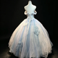 Blue White Ombre Off Shoulder Ball Gown 3D Bow Pearl Tulle Formal Evening Dress  NV6973