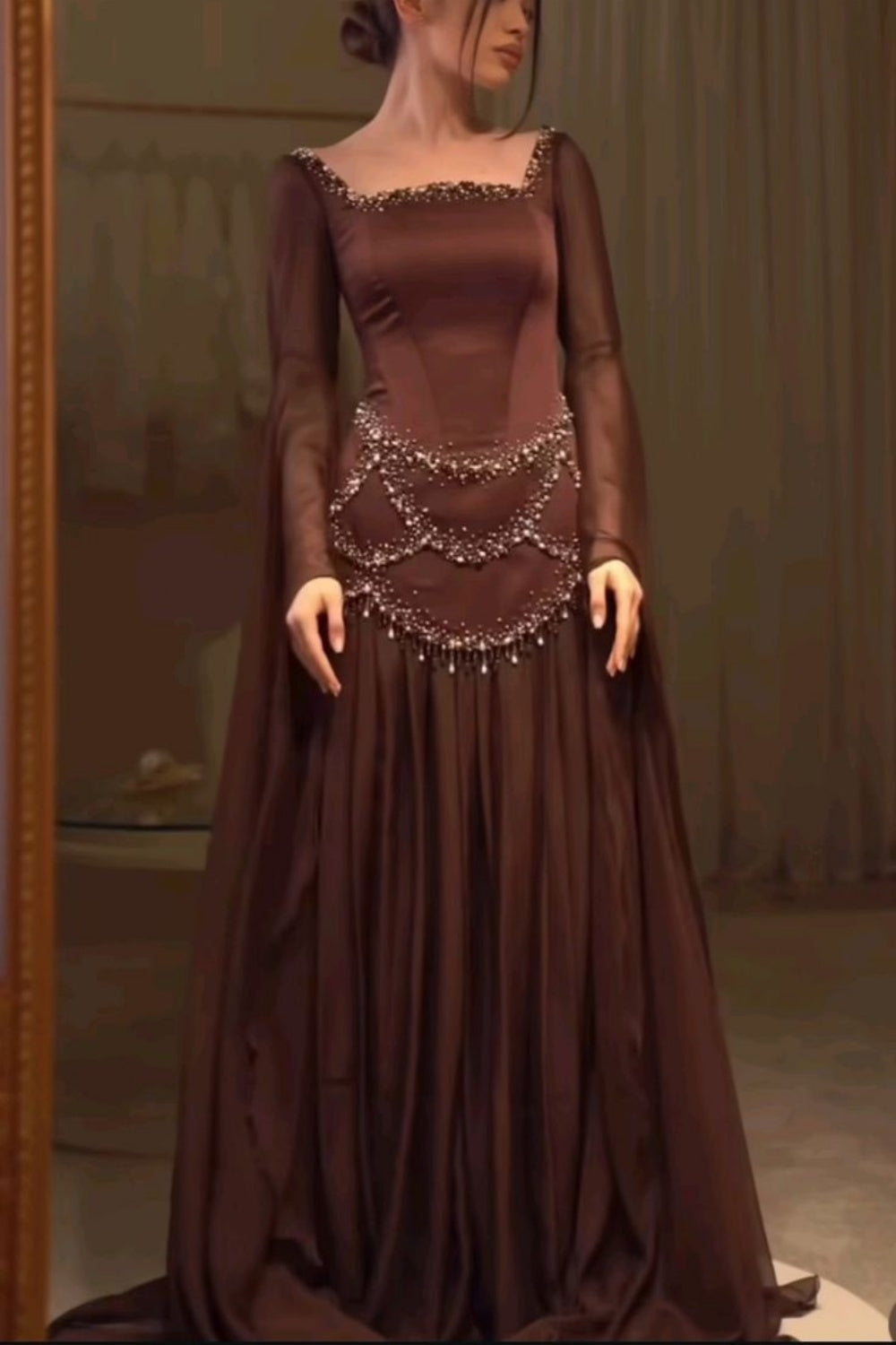Elegantes, dunkelbraunes Satin-Abendkleid im Retro-Luxus-Stil mit Perlenbesatz, eckigem Ausschnitt und langen Ärmeln – perfekt für Dinner und roten Teppich (NV6381)