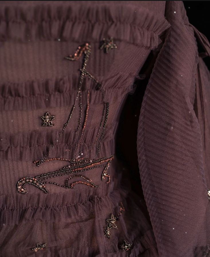 Dunkelbraunes, trägerloses Tüllkleid mit Perlenbesatz, gestufter Schleppe und Sternenhimmel-Motiv NV6229