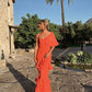 Elegant coral orange one shoulder ruffled long ball gown evening dress wedding guest dress with ruffled hem nv2648