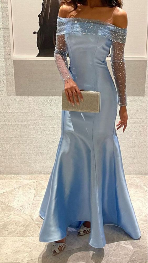 Blue Simple Fashion Elegant Shiny Mermaid Off-the-shoulder Long Sleeves Long Prom Dress Party Dress Evening Gown Sleeves with Sequins nv2556