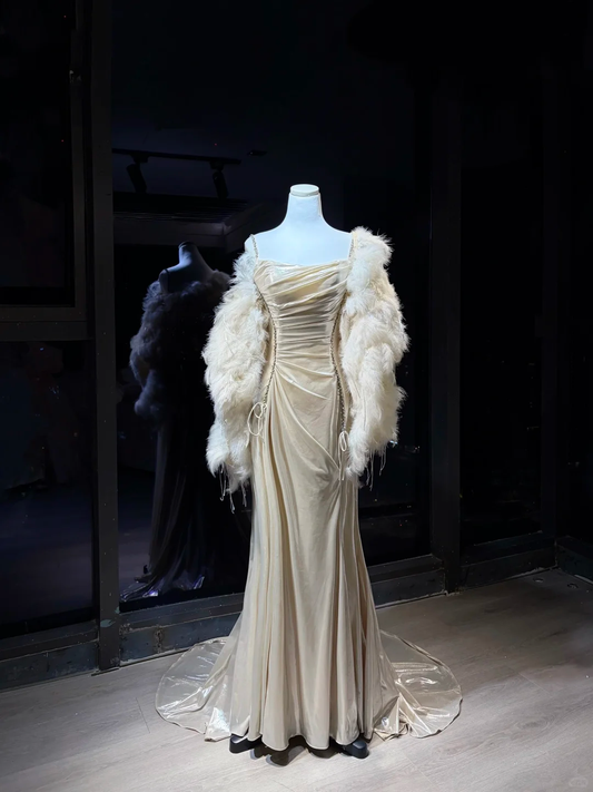 Champagne Square Neck Mermaid Evening Dress, Ruched Shiny Gown with Feather Shawl & Rhinestone Chain  NV7086