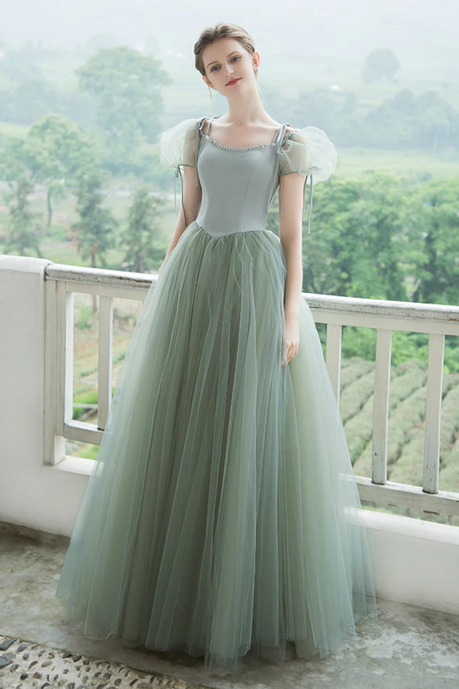 Cute Tulle Long Prom Dresses, A-Line Short Sleeve Graduation Dresses nv1600