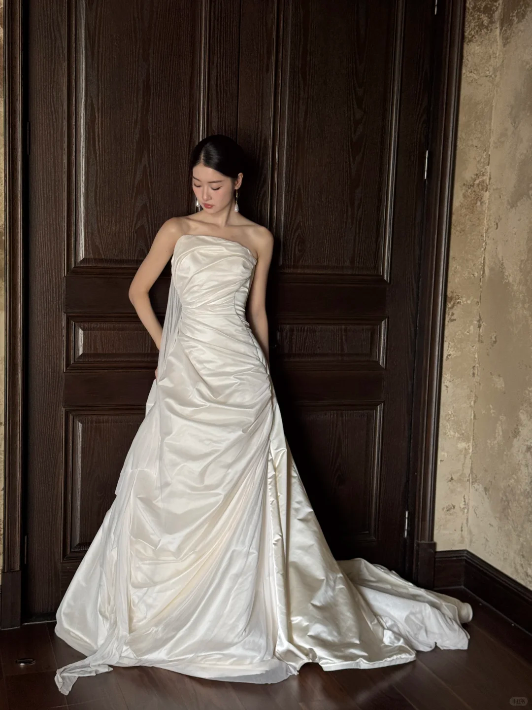 Ivory Strapless Draped Ruched Satin A-Line Wedding Gown  NV7190