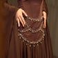 NiceVestidos--Luxurious Dark Brown Satin Chiffon Spliced Square Neck Beaded Flared Sleeve Floor Length Gown NV5755