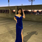 Blue Simple Elegant Off-the-shoulder Slit Velvet Mermaid Ball Gown Evening Dress nv2204