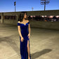 Blue Simple Elegant Off-the-shoulder Slit Velvet Mermaid Ball Gown Evening Dress nv2204