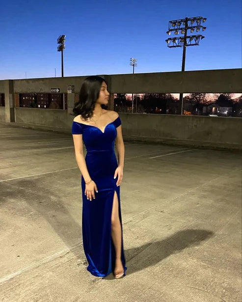 Blue Simple Elegant Off-the-shoulder Slit Velvet Mermaid Ball Gown Evening Dress nv2204