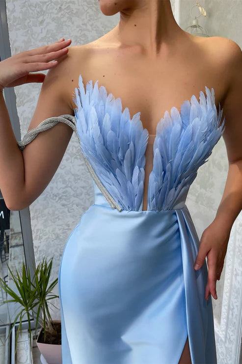 Light Blue Off Shoulder V Neck Mermaid Slit Ball Gown Evening Dress with Feathers One Shoulder nv2203